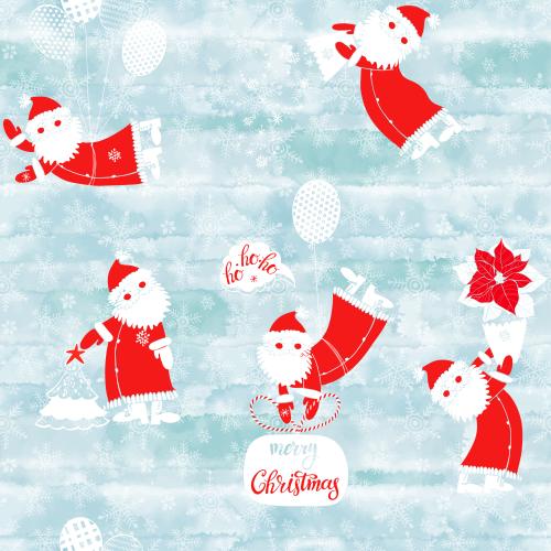 Vektorgrafik cartoonartige weihnachtsmaenner und schneeflocken auf dem blauen aquarell