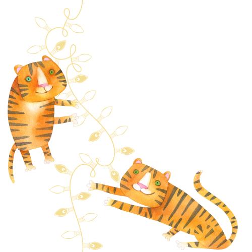 Tiger. Vektor cartoonartige aquarelltigern mit lichterkette, platz für text auf weißem