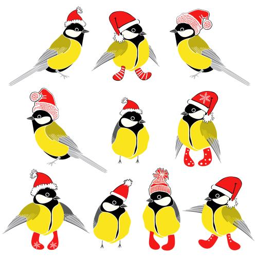 Meise. Vektor Schnäuzer in neuen Weihnachtsmützen und Socken auf weißem