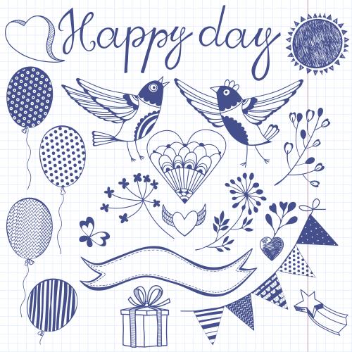 Sonne. Vektor Cartoonvoegel, Festzeichen, Happy Day auf kariertem Papier
