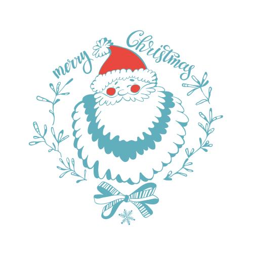 Weihnachtsmann. Vektor festliche Komposition mit Weihnachtsmann, Schleife, Schriftzug "Merry Christmas" und dekorativen Zweigen auf weißem