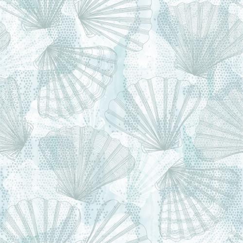 Jakobsmuschel. Vektor Meereskämme, Silhouetten und Konturen auf blauem Aquarellmosaik