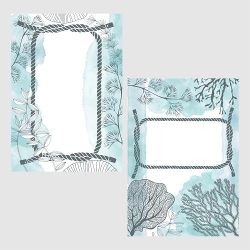 Vektorgrafik zwei karten mit marinem thema, aquarell-fragmenten, marinen knoten, korallen, algen und einem platz für text