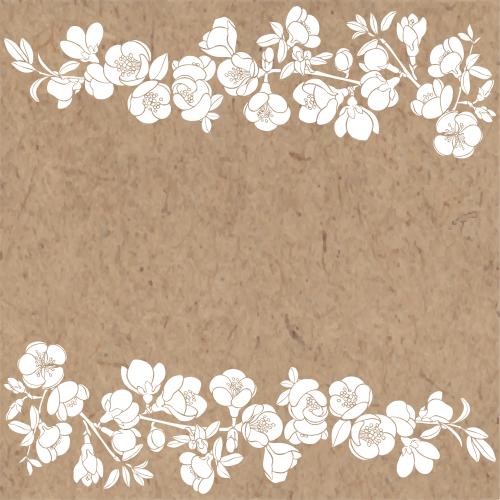 Japanische quitte. Vektor japanische Blütenquince, Zweige mit Blüten, weiße Silhouetten und Platz für Text auf Kraftpapier