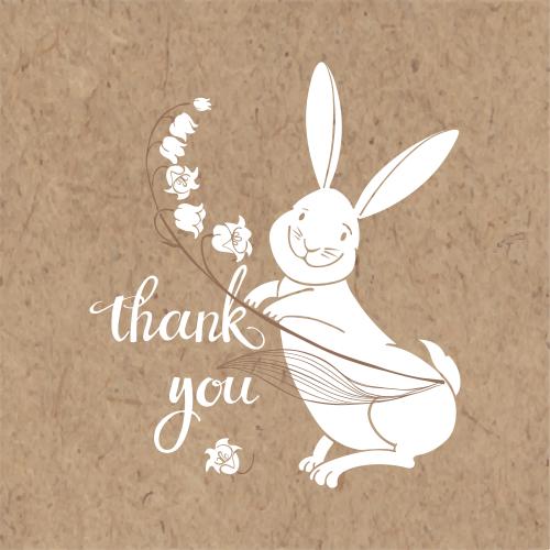 Vektorgrafik süßer hase mit einer lilie und schriftzug "danke" auf kraftpapier