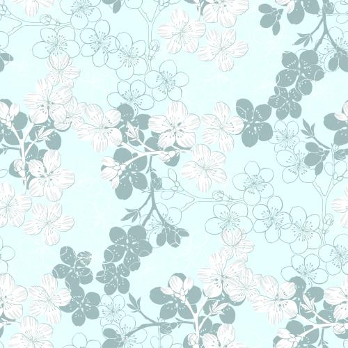 Kirschblüte. Vektor blühende Kirschblütenzweige, Konturen und Silhouetten auf zartblauem