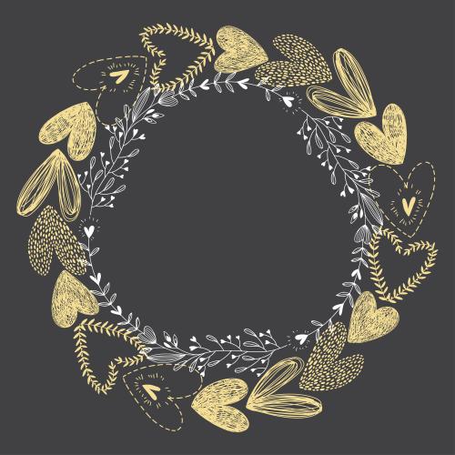 Vektorgrafik runde doodle-blumen- und herzen-rahmen auf schwarzem