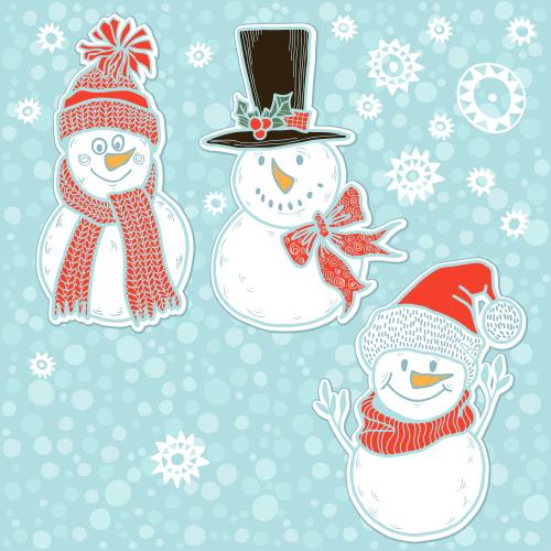 Schneemann. Vektor drei cartoonartige Schneemänner, Schneeflocken auf blauem Karomuster, isolierte Elemente