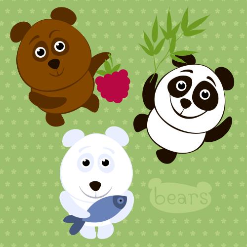 Himbeere. Vektor Braune, weiße Bären und Panda, cartoonartige isolierte Figuren auf grünem Blumenmuster
