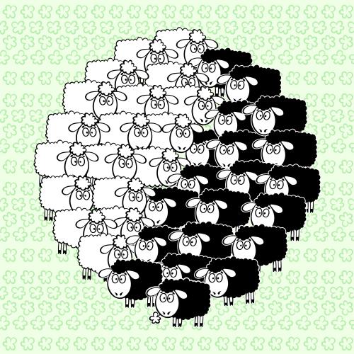 Lamm. Vektor herde cartoonartiger schwarzer und weißer Schafe in Form des Yin-Yang-Symbols auf grünem Blumenmuster