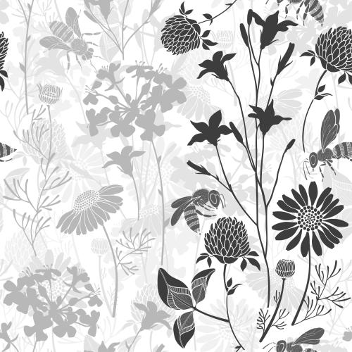 Klee. Vektor wiesenblumen und Bienen, monochromen Silhouetten auf weißem