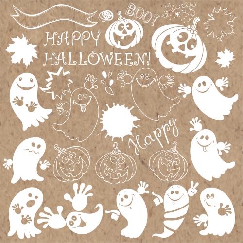 Klecks. Vektor Hübsche Geister, fröhliche Kürbisse, Schriftzug "Happy Halloween", andere Halloween-Symbole auf Kraft