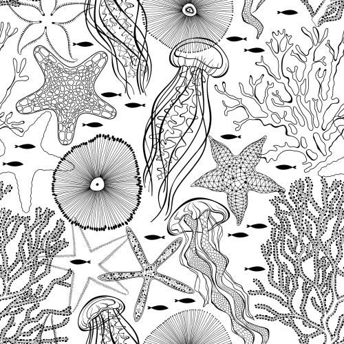 Vektorgrafik medusen, fische, meersterne, unterwasserwesen, korallen auf weißem
