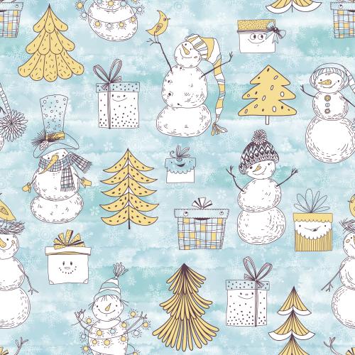 Vektorgrafik cartoonartige schneemänner, weihnachtsbäume, geschenke und schneeflocken auf blauem aquarell