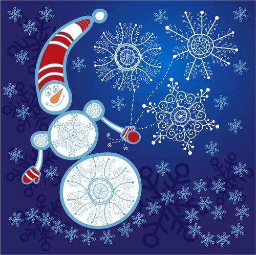Schneemann. Vektor Schneemann und Schneeflocken auf dem Blauen