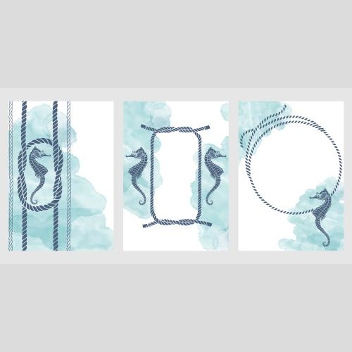 Postkarte. Vektor drei Postkarten mit maritimen Motiven Seepferdchen Seilen nautischen Knoten blauen Aquarell-Fragmenten und Platz fuer Text