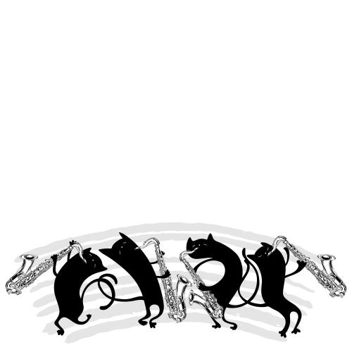 Saxophon. Vektor cartoonartige schwarze Katzen mit Saxophonen, Platz fuer Text auf weissm