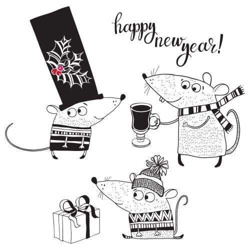 Vektorgrafik drei cartoonartige mäuse, aufschrift happy new year auf weißem