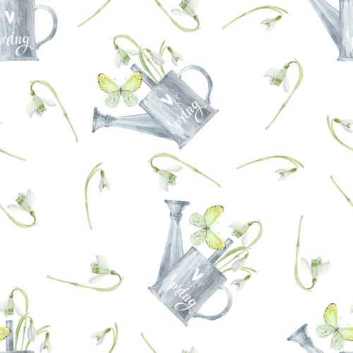 Schneeglöckchen. Vektor Aquarell-Schneeglöckchen, Gießkanne mit Bouquet und Schmetterlinge auf weißem