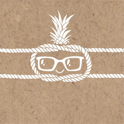 Ananas. Vektor Urlaubs-Themen-Komposition, Zeichentrickfigur in Sonnenbrille, Seemannsknoten auf Kraft