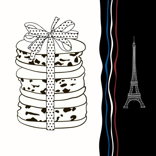 Macaron. Vektor Macarons Eiffelturm und wellige Streifen in den Farben der französischen Flagge