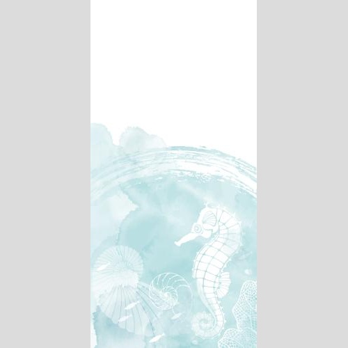 Vektorgrafik karte mit marinem thema, seepferdchen, nautilen, fischen, korallen, blauer aquarellfragment und platz für text auf weißem