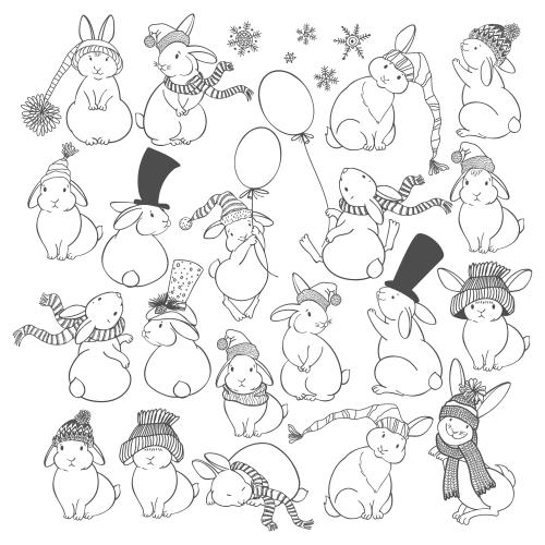 Vektorgrafik cartoonartige zauberhasen in hüten und schals, schneeflocken auf weißem
