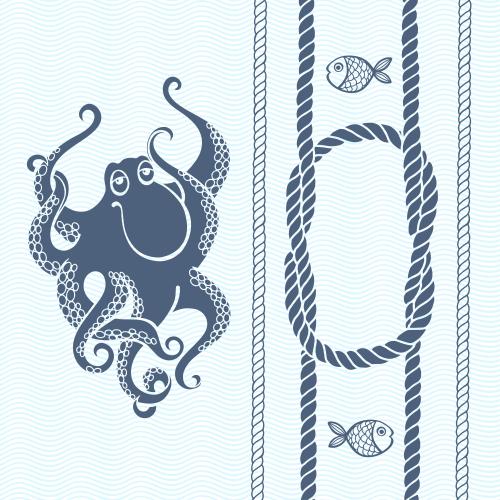 Seemannsknoten. Vektor meerseile und Knoten, Fische und maltzartiger Octopus auf blauen Wellen