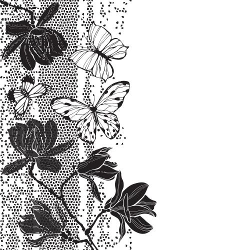 Vektorgrafik magnolien, schmetterlinge, mosaikfragment, textplatz auf weißem