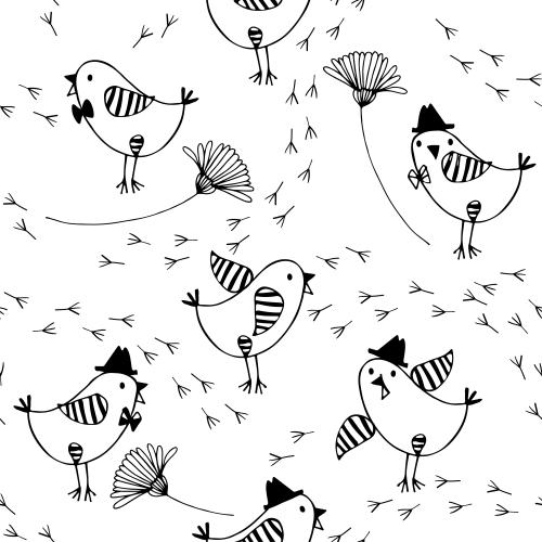 Gänseblümchen. Vektor cartoonhafte Vögel, Blumen, Pfotenabdrücke auf weißem