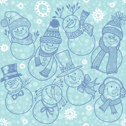 Erbse. Vektor lustige cartoonartige schneemänner, schneeflocken auf blauem kariert