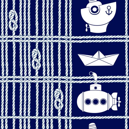 Meer. Vektor horizontale und vertikale Seile mit Seemannsknoten, Cartoon-Unterseeboot, Papierboot und Boot mit Motor auf dem blauen