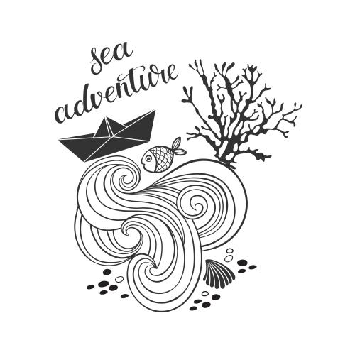 Schiffchen. Vektor Komposition im marinen Thema mit Wellen, papierenes Schiffchen, Koralle, Fisch, Muschel und Schriftzug 'sea adventure' auf weißem