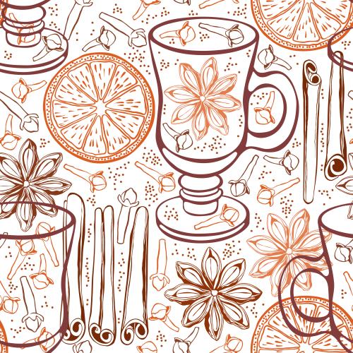 Zimt. Vektor Glas für Glühwein, Zimtstangen, Anissterne, Orange, Nelke auf weißem
