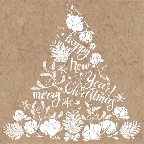 Mistel. Vektor festliche Komposition in Form eines Baums aus Zweigen aus Baumwolle, Efeu, Tannenzapfen, Schneeflocken und Wünschen, happy new year, merry christmas, weiße Silhouetten auf Kraft