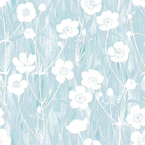 Vektorgrafik glockenblumen und gras, weiße und blaue silhouetten auf blauem aquarell