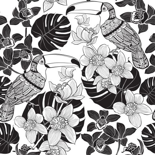 Palme. Vektor Tukane, Orchideen, Blätter der Monstera auf weißem