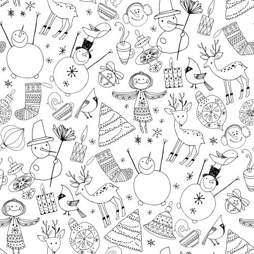 Tee. Vektor Engel, Schneemänner, Rentiere, Spielzeug, Kerzen und andere Symbole der Winterfeiertage auf weißem Skandistil
