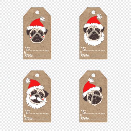 Weihnachtsmann. Vektor handgemachte Beschilderungen mit niedlichen Gesichtern der Mops in Neujahrshüten