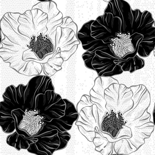 Mohn. Vektor silhouetten und Konturen von Blumen mit Staubfäden auf Mosaik