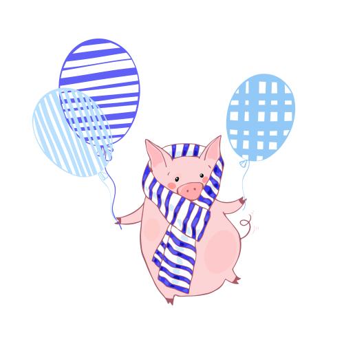 Luftballon. Vektor süßes cartoonartiges Schwein im Schal mit Luftballons