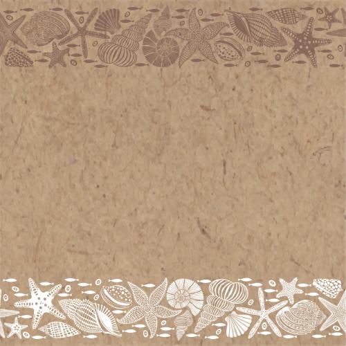 Vektorgrafik meersterne, muscheln, nautilus, fische, braune und weiße konturen und silhouetten, textfeld auf kraftpapier