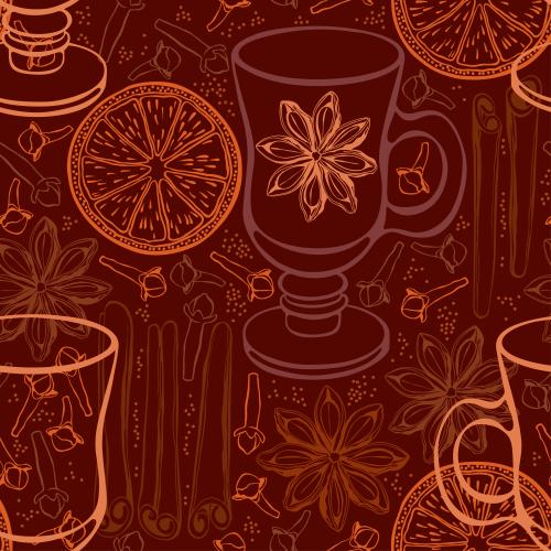 Zitrusfrucht. Vektor Glas für Glühwein, Zimtstangen, Anissternchen, Orange, Nelke auf dem Burgunder