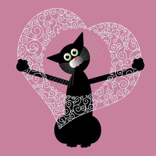 Valentinstagskarten. Vektor schwarze Katze mit einem Spitzenherz