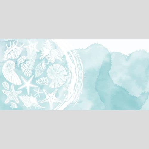 Natur. Vektor karte mit marinem thema mit meeressternen, muscheln, nautilussen, wellen und einem textfeld auf blauem aquarell