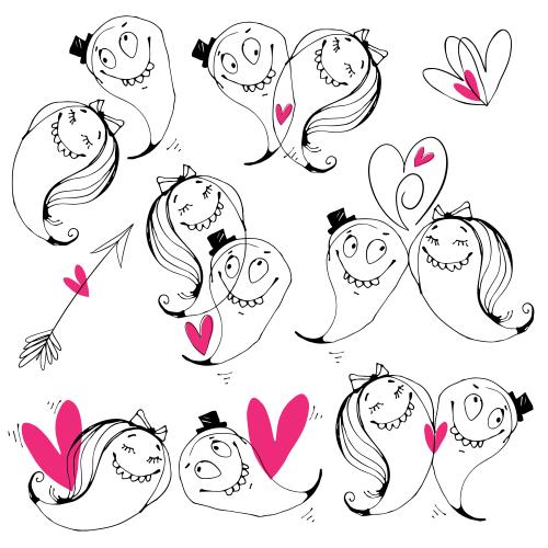 Valentinstagskarten. Vektor CartoonliebendeFiguren, Pfeile, Herzen auf weißem, isolierte Elemente