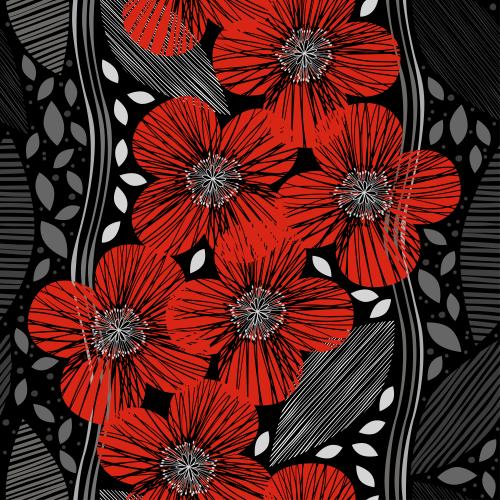 Mohn. Vektor rote Mohnblumen, dekorative gestreifte Blätter auf schwarzem