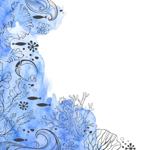 Alge. Vektor Unterwasserwelt, Fische, Algen, Korallen, Wellen auf blauem Aquarell, Platz für Text auf weißem