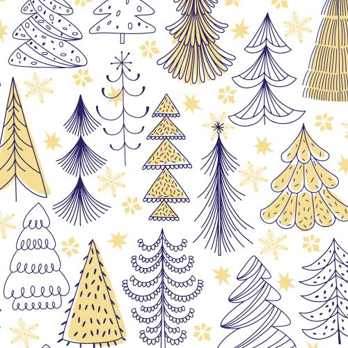 Wald. Vektor stylisierte cartoonartige baumchen, schneeflocken auf weissem