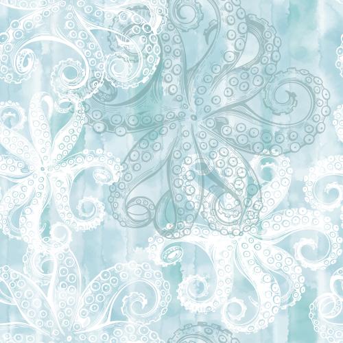 Oktopus. Vektor Tintenfische, Konturen und Silhouetten auf blauen Aquarell